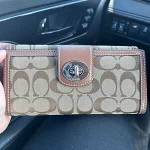 Coach Signature Monogram Canvas Turnlock Wallet Tan